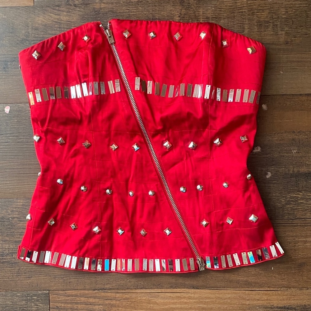 Y2K bebe Red Strapless Top with Metallic Accents